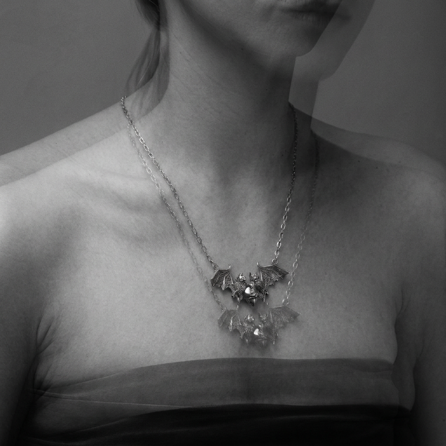 Sterling Silver Bats & Heart Pendant: Gothic Animal Necklace (etsy image id: 6039237806)