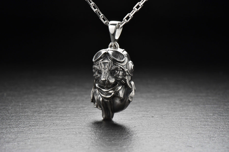 Cat Aviator Silver Pendant – Avant Garde Sterling Silver Pilot Cat Necklace | Unique Gift for Cat Lovers and Adventurers __etsy:7360923124