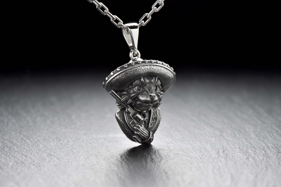 Cat Bandit Silver Pendant – Gothic Sterling Silver Cat Jewelry with Sombrero and Revolver | Bold Statement Gift for Cat Lovers __etsy:7362092018