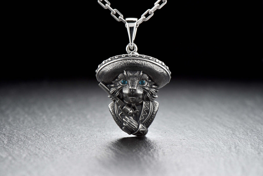 Cat Bandit Silver Pendant – Gothic Sterling Silver Cat Jewelry with Sombrero and Revolver | Bold Statement Gift for Cat Lovers __etsy:7362092018