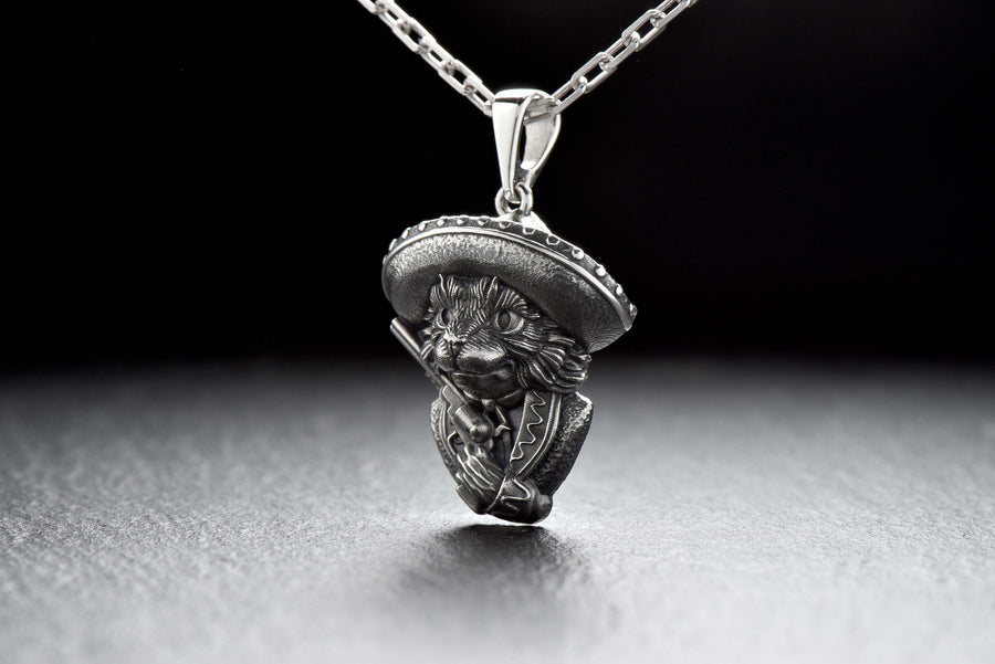 Cat Bandit Silver Pendant – Gothic Sterling Silver Cat Jewelry with Sombrero and Revolver | Bold Statement Gift for Cat Lovers __etsy:7362092018