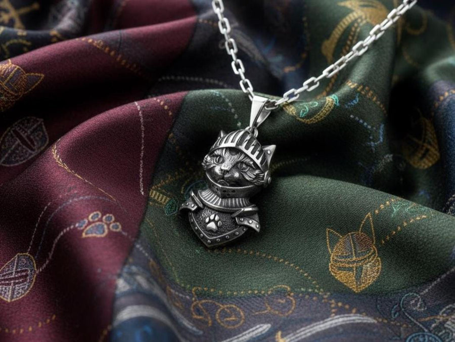 Cat Knight Silver Pendant – Gothic Sterling Silver Warrior Cat Necklace | Medieval Feline Amulet for Strength and Protection __etsy:7408599207