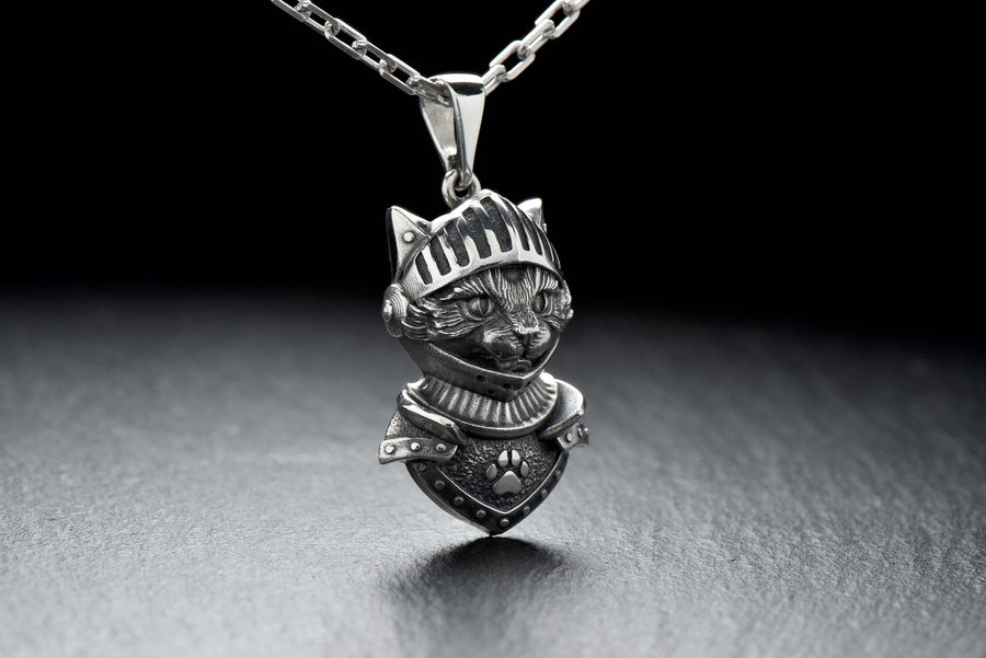 Cat Knight Silver Pendant – Gothic Sterling Silver Warrior Cat Necklace | Medieval Feline Amulet for Strength and Protection __etsy:7408599207