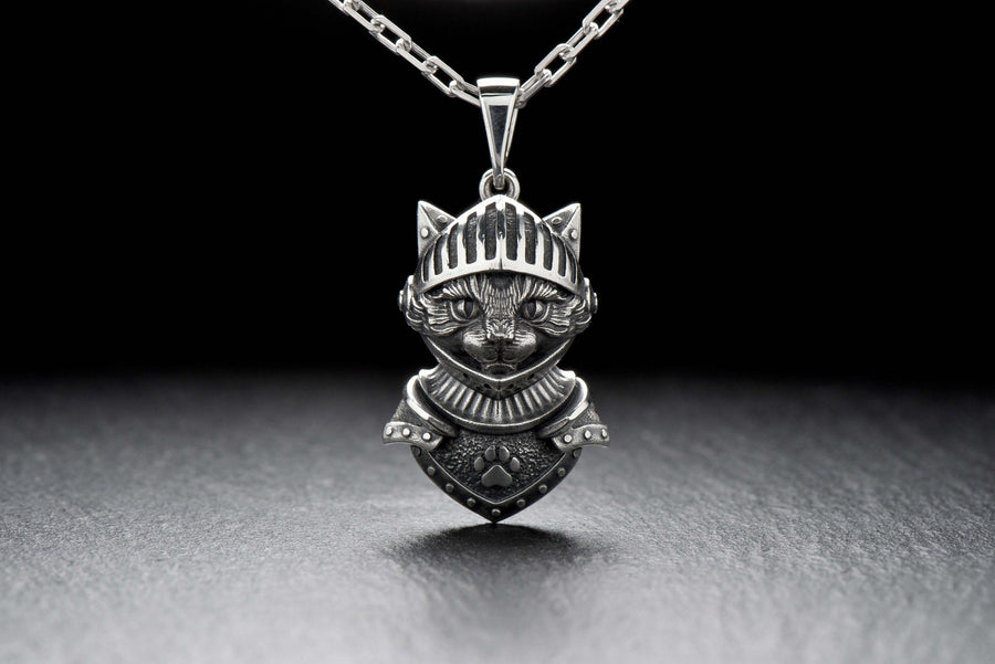 Cat Knight Silver Pendant – Gothic Sterling Silver Warrior Cat Necklace | Medieval Feline Amulet for Strength and Protection __etsy:7408599207