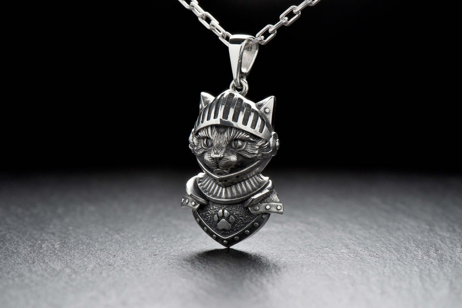 Cat Knight Silver Pendant – Gothic Sterling Silver Warrior Cat Necklace | Medieval Feline Amulet for Strength and Protection __etsy:7408599207