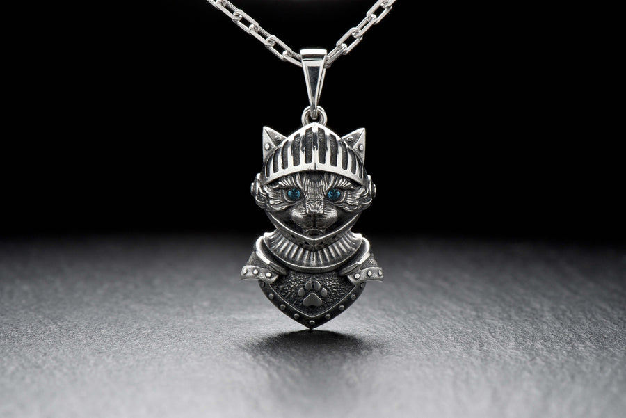 Cat Knight Silver Pendant – Gothic Sterling Silver Warrior Cat Necklace | Medieval Feline Amulet for Strength and Protection __etsy:7408599207