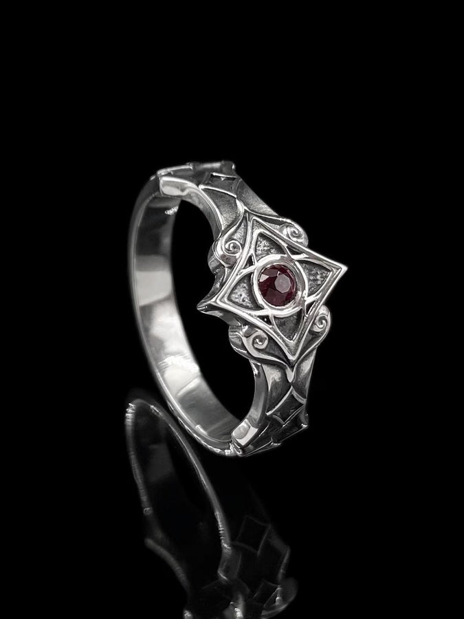 Sterling Silver Gothic Ring, Handcrafted Gemstone Band with Medieval Elegance, Unique Wedding Ring or Gift, Gothic Heritage Elegant Gift, The image highlights the contrast between the gemstone and the metal. The red stone has a deep, bloody saturation that catches the light. The 925 sterling silver has a vintage, oxidized finish, giving it the appearance of an ancient artifact rather than a brand-new factory piece. The metalwork looks delicate bu (etsy image id: 7102074108)