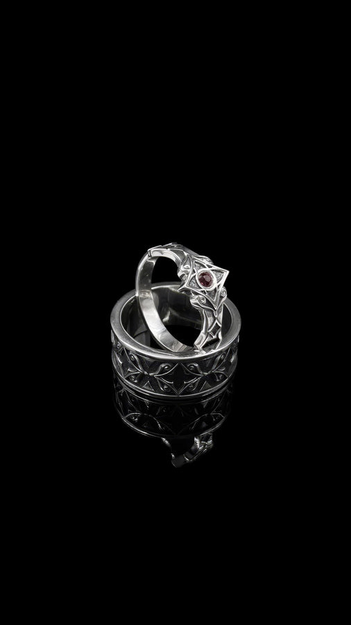 Sterling Silver Gothic Ring, Handcrafted Gemstone Band with Medieval Elegance, Unique Wedding Ring or Gift, Gothic Heritage Elegant Gift, The image highlights the contrast between the gemstone and the metal. The red stone has a deep, bloody saturation that catches the light. The 925 sterling silver has a vintage, oxidized finish, giving it the appearance of an ancient artifact rather than a brand-new factory piece. The metalwork looks delicate bu (etsy image id: 7102074108)