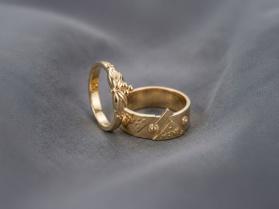 Sterling Silver Gothic Wedding Ring Set: Floral Medieval Jewelry