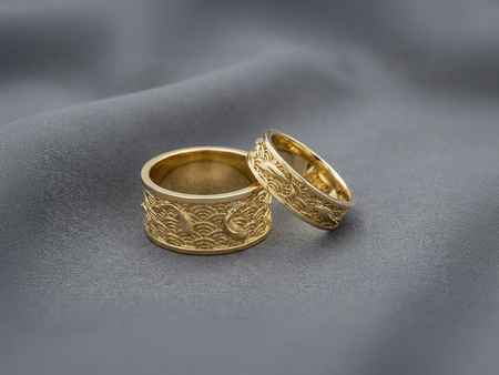 Oxidized Silver Koi Fish Wedding Bands, Japanese Wave Art Nouveau Ring Set