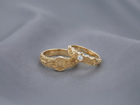 Sterling Silver Sunburst Leaf Wedding Ring Set, Vintage Style Bridal Bands