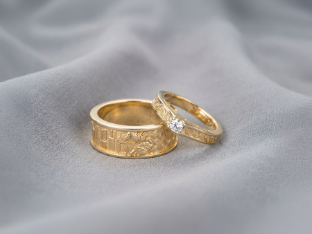 Klimt Kiss Sterling Silver Wedding Ring Set: Art Nouveau Gemstone Bands