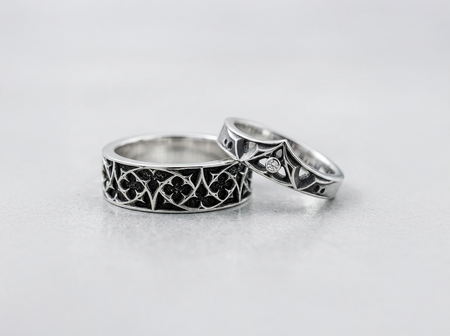 Gothic Sterling Silver Wedding Ring Set: Black Texture, Gemstone Accent