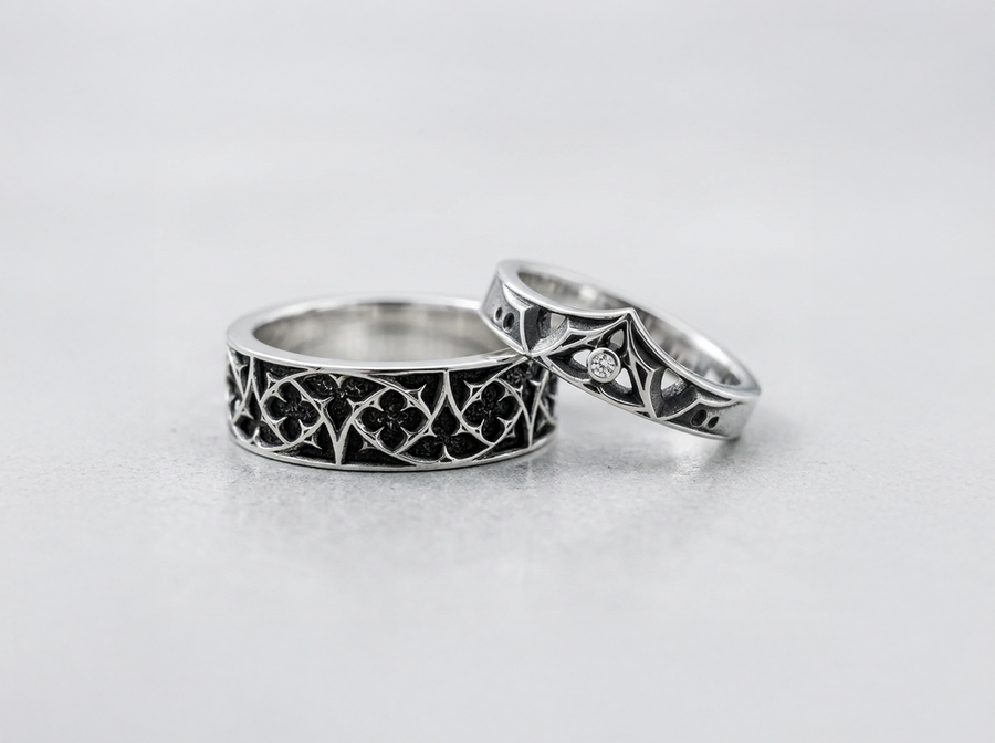 Gothic Sterling Silver Wedding Ring Set: Black Texture, Gemstone Accent