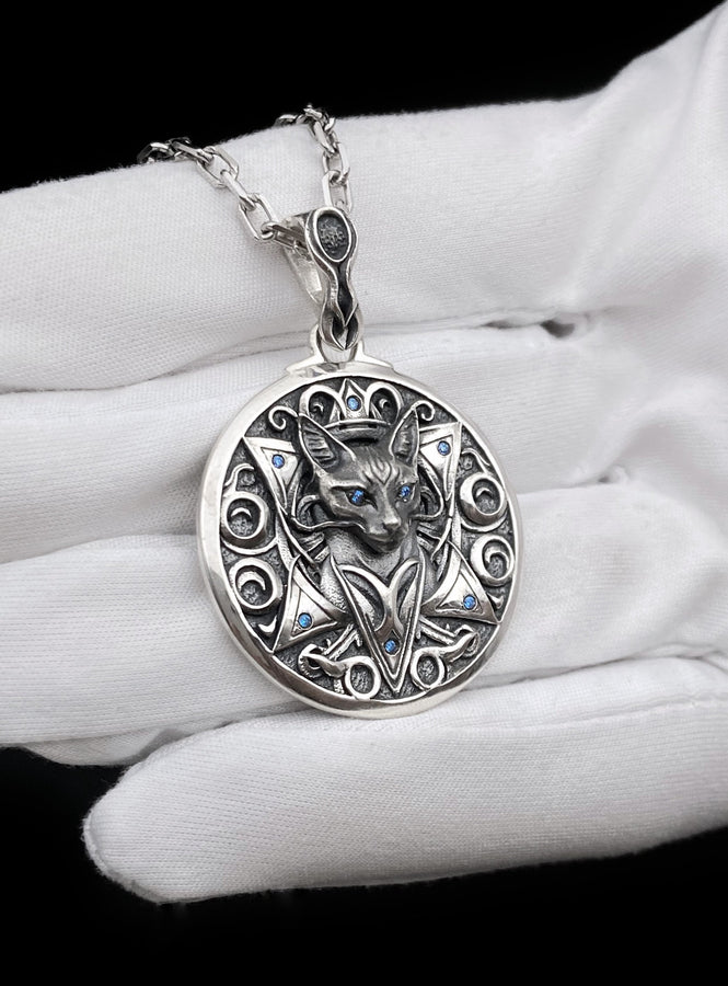 Gothic Cat Silver Pendant – Intricate Sterling Silver Feline Amulet | Mystical Jewelry Gift for Cat Lovers __etsy:7412033493