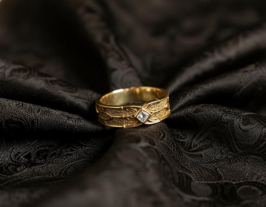 A men’s gothic fantasy ring with a textured darkened surface, silver sculpted lines, and a blood-red center stone. This ring offers a bold mix of elegance and strength, perfect for fans of dark artistry, role-play fashion, or medieval-inspired jewelry. Its sturdy build and eye-catching design make it a meaningful gift for special occasions. __etsy:7131752773