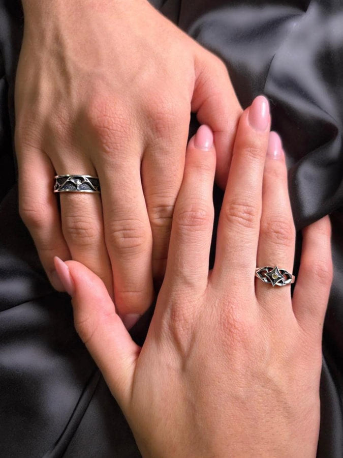 Gothic Sterling Silver Wedding Ring Set “Sanctum”: Celestial Star Gemstone Jewelry __etsy:7424849745