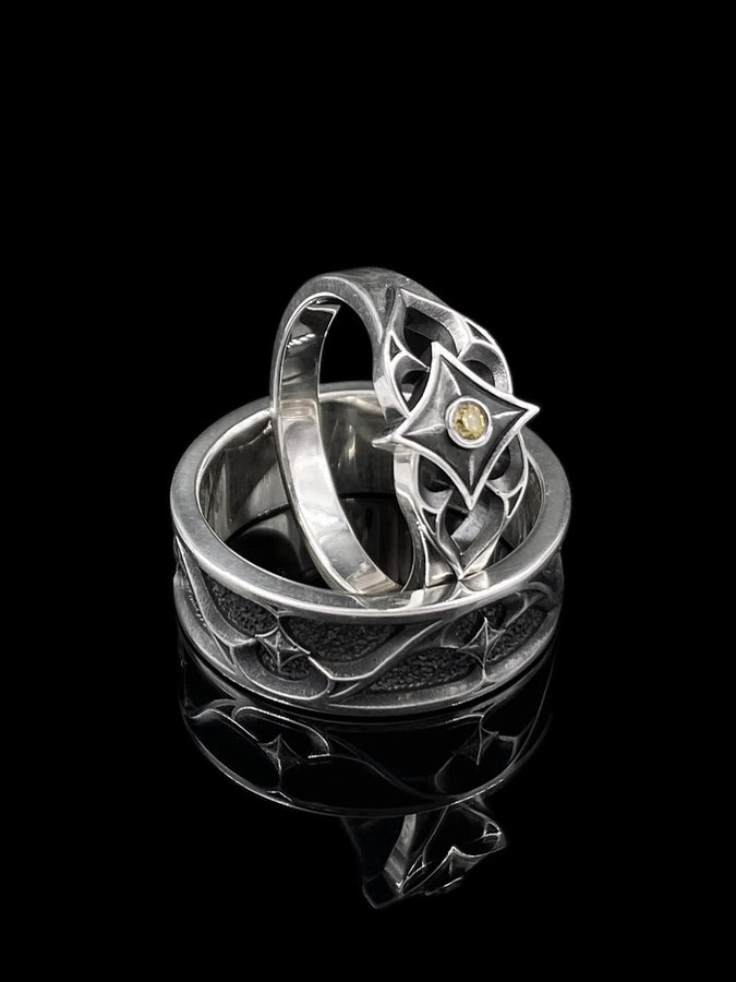 Gothic Sterling Silver Wedding Ring Set “Sanctum”: Celestial Star Gemstone Jewelry __etsy:7424849745