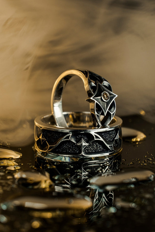 Gothic Sterling Silver Wedding Ring Set “Sanctum”: Celestial Star Gemstone Jewelry __etsy:7424849745