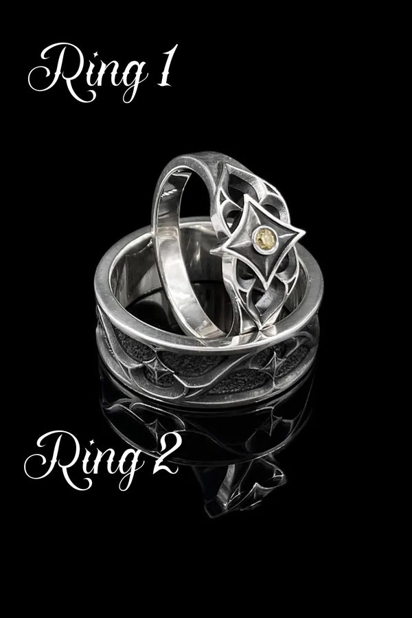 Gothic Sterling Silver Wedding Ring Set “Sanctum”: Celestial Star Gemstone Jewelry __etsy:7424849745