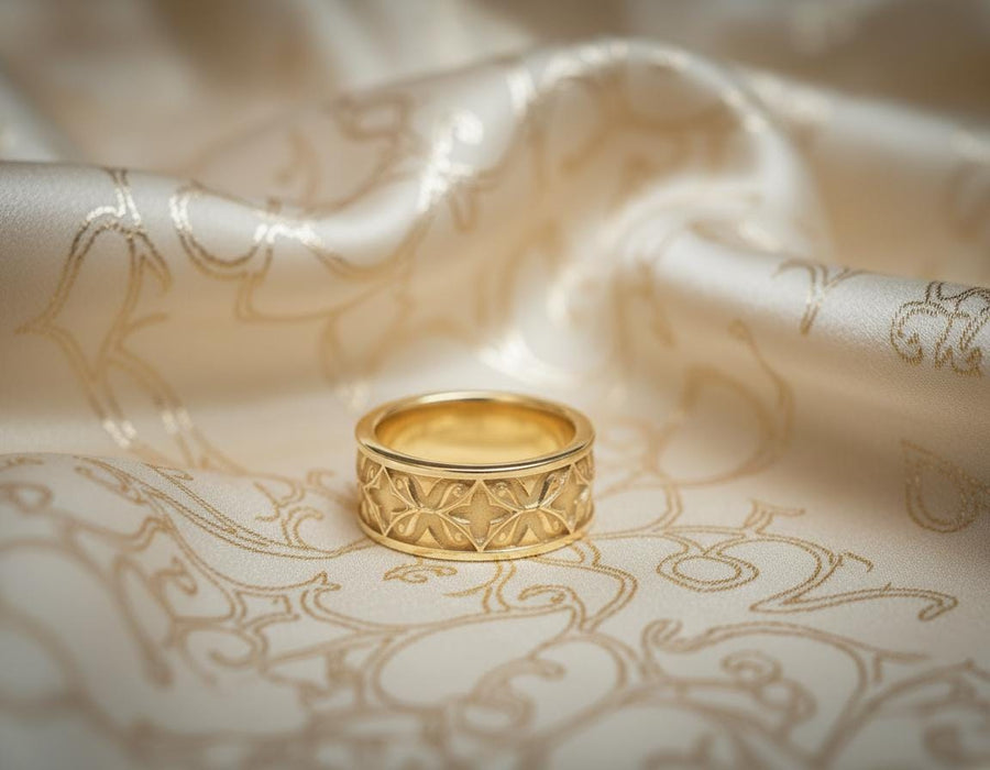 A detailed macro shot of a sterling silver engagement ring. The focal point is a round, honey-colored gemstone (Citrine or Madeira Topaz) set flush into the band. The shank is decorated with a continuous relief pattern of spirals and circles, mimicking the decorative robes found in Gustav Klimt's "Golden Phase" paintings. The silver features an oxidized finish, creating a dark background that makes the polished spirals pop. (etsy image id: 7444385538)