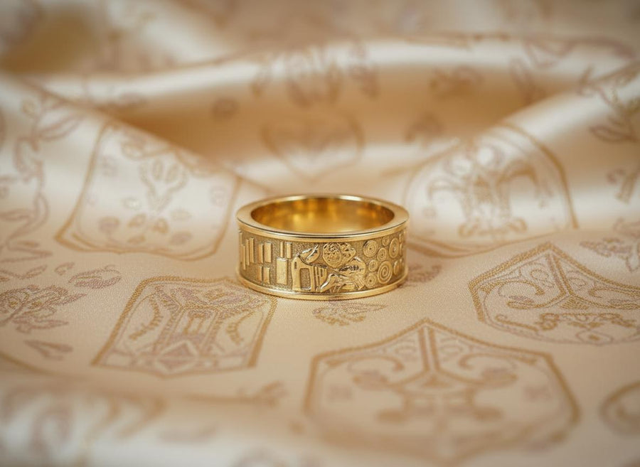 A detailed profile shot of a wide sterling silver ring standing on a reflective surface. The band features a raised relief carving of the figures from Gustav Klimt's painting "The Kiss." To the left of the couple are sharp, vertical rectangular blocks. To the right are swirling circular spirals. The background of the carving is darkened with oxidation to contrast with the polished silver figures. __etsy:7442609320