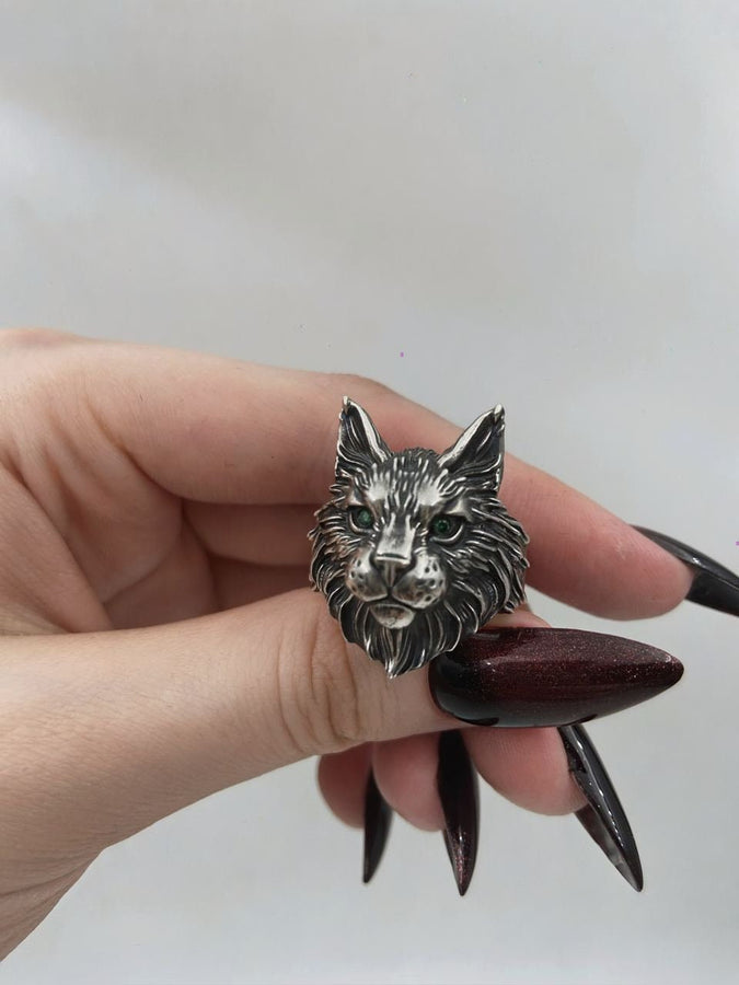 Maine Coon Silver Ring – Gothic Sterling Silver Cat Ring with Emerald Eyes | Bold Gift for Cat Lovers and Collectors __etsy:7363826984