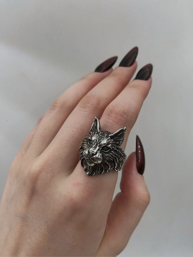 Maine Coon Silver Ring – Gothic Sterling Silver Cat Ring with Emerald Eyes | Bold Gift for Cat Lovers and Collectors __etsy:7363826984