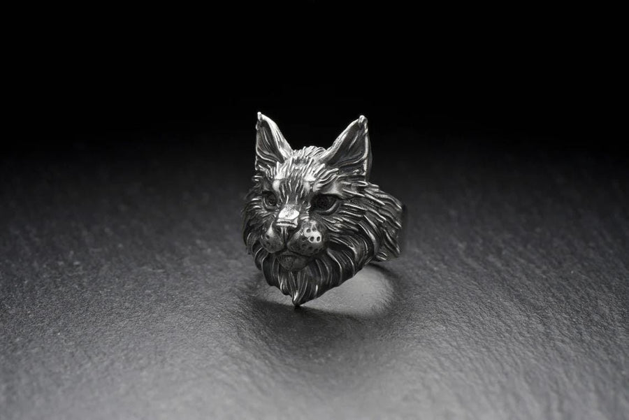 Maine Coon Silver Ring – Gothic Sterling Silver Cat Ring with Emerald Eyes | Bold Gift for Cat Lovers and Collectors __etsy:7363826984