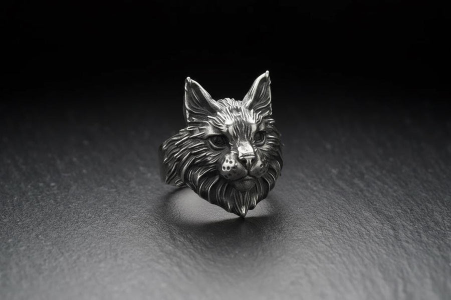Maine Coon Silver Ring – Gothic Sterling Silver Cat Ring with Emerald Eyes | Bold Gift for Cat Lovers and Collectors __etsy:7363826984