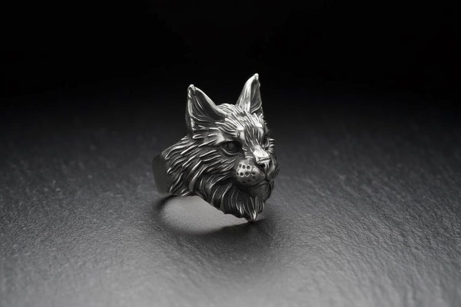 Maine Coon Silver Ring – Gothic Sterling Silver Cat Ring with Emerald Eyes | Bold Gift for Cat Lovers and Collectors __etsy:7363826984