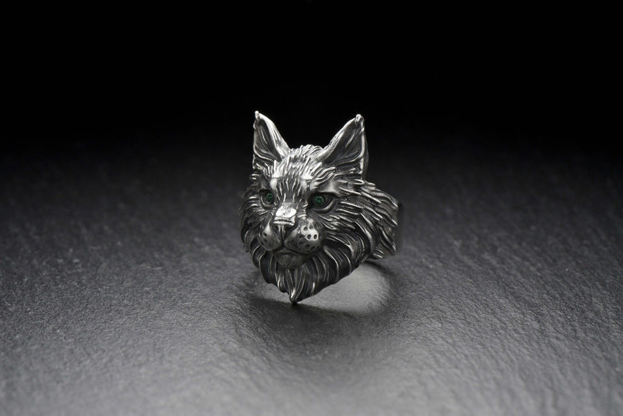 Maine Coon Silver Ring – Gothic Sterling Silver Cat Ring with Emerald Eyes | Bold Gift for Cat Lovers and Collectors __etsy:7363826984