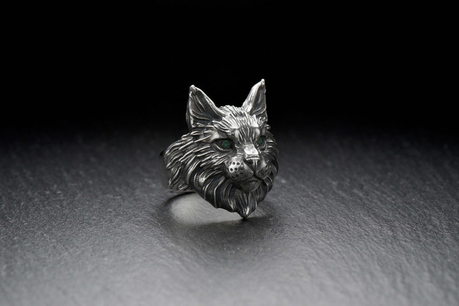 Maine Coon Silver Ring – Gothic Sterling Silver Cat Ring with Emerald Eyes | Bold Gift for Cat Lovers and Collectors __etsy:7363826984