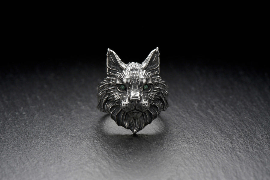 Maine Coon Silver Ring – Gothic Sterling Silver Cat Ring with Emerald Eyes | Bold Gift for Cat Lovers and Collectors __etsy:7363826984
