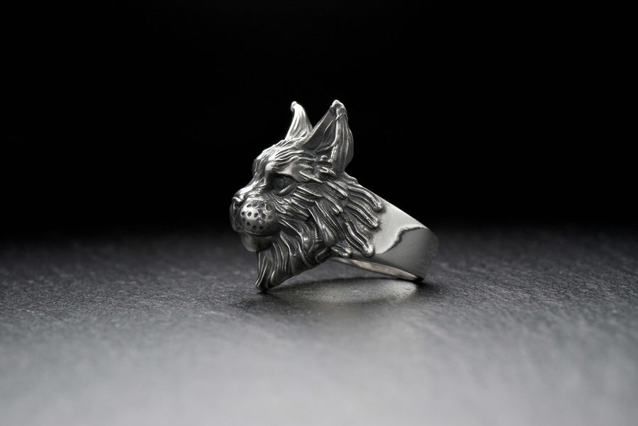 Maine Coon Silver Ring – Gothic Sterling Silver Cat Ring with Emerald Eyes | Bold Gift for Cat Lovers and Collectors __etsy:7363826984
