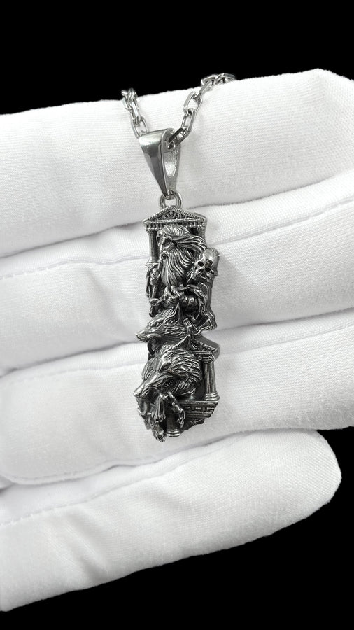 Crafted from premium solid sterling silver, this heavy, sculptural pendant demonstrates the striking visual impact of an oxidized patina. The dark sulfur treatment settles heavily into the microscopic crevices of the temple steps, the eagle's feathers, and Zeus's beard, providing a permanent shadow that makes the polished, raised metal elements shine brilliantly. A polished silver tapered bail connects the piece to a sturdy geometric chai __etsy:8113663105