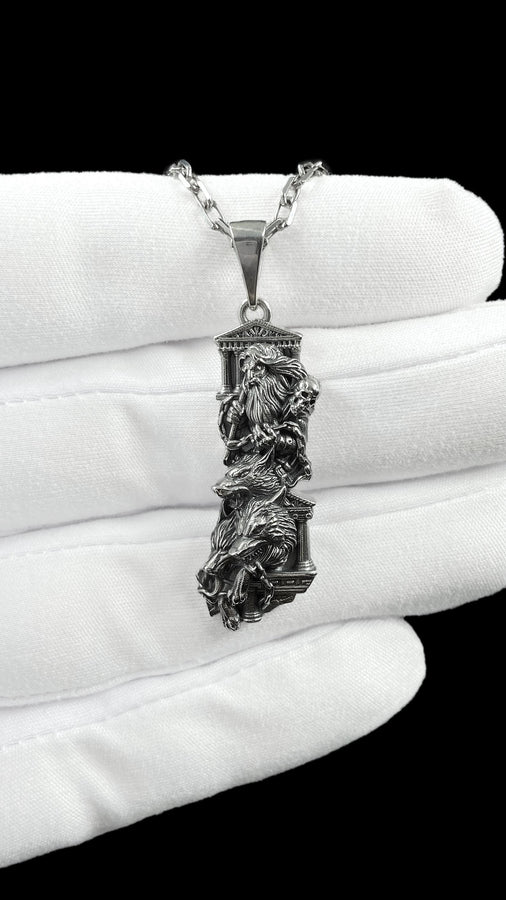 Crafted from premium solid sterling silver, this heavy, sculptural pendant demonstrates the striking visual impact of an oxidized patina. The dark sulfur treatment settles heavily into the microscopic crevices of the temple steps, the eagle's feathers, and Zeus's beard, providing a permanent shadow that makes the polished, raised metal elements shine brilliantly. A polished silver tapered bail connects the piece to a sturdy geometric chai __etsy:8113663105