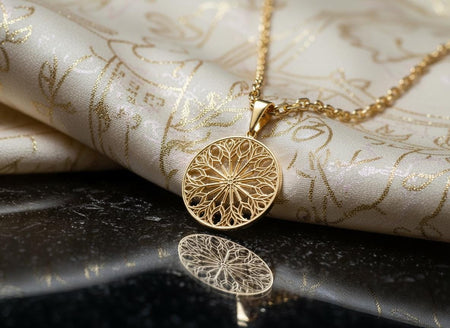 The Rose Window is reimagined in 14k Yellow Gold. The transformation turns the "stone" tracery into a "Sun Wheel." The gold radiates warmth, looking like a monstrance or a reliquary from a church treasury. This version feels holy and opulent, perfect for a confirmation gift or a luxury statement piece for a lover of religious art. __etsy:7496373657