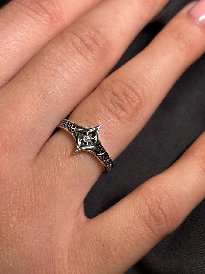 This gothic silver ring stands out with its detailed craftsmanship and gemstone highlight, offering a unique fusion of medieval charm and modern elegance. __etsy:7423453221