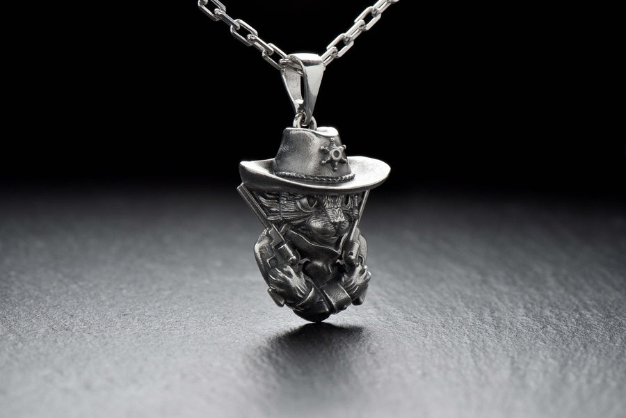 Sheriff Cat Sterling Silver Pendant – Cowboy Feline Necklace __etsy:7364380378