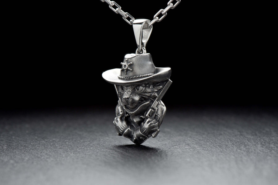 Sheriff Cat Sterling Silver Pendant – Cowboy Feline Necklace __etsy:7364380378