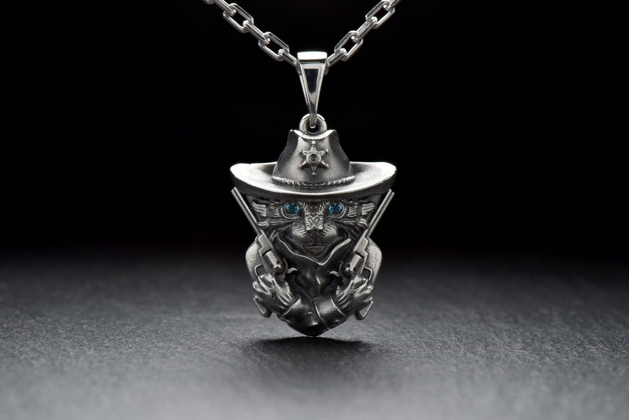 Sheriff Cat Sterling Silver Pendant – Cowboy Feline Necklace __etsy:7364380378