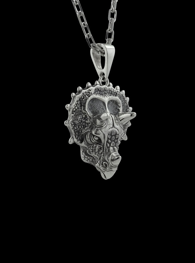 This silver triceratops head pendant necklace captures prehistoric strength in a lifelike, detailed design crafted from real silver. The textured skin, defined horns, and bold sculpting create a powerful, premium piece that feels both ancient and refined. __etsy:7922440525