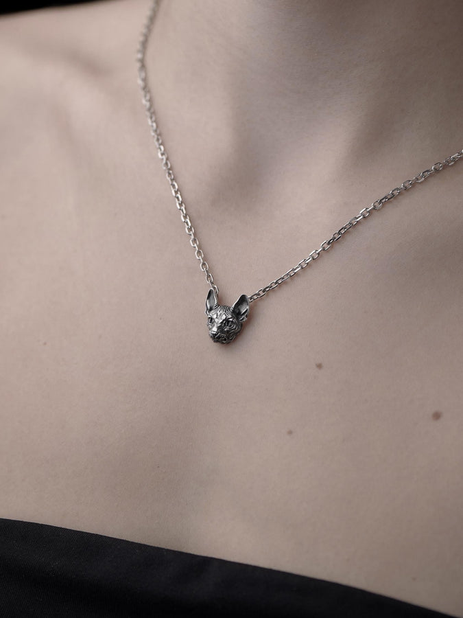 Sphynx Cat Silver Pendant – Gothic Sterling Silver Hairless Cat Necklace | Bold Jewelry Gift for Cat Lovers __etsy:7363919608
