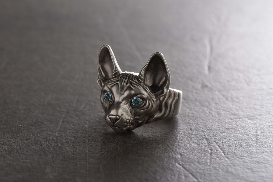 Sphynx Cat Silver Ring – Avant Garde Sterling Silver Cat Jewelry with Blue Eyes | Bold Modern Design Gift for Cat Lovers __etsy:7361900522