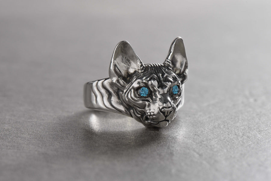 Sphynx Cat Silver Ring – Avant Garde Sterling Silver Cat Jewelry with Blue Eyes | Bold Modern Design Gift for Cat Lovers __etsy:7361900522