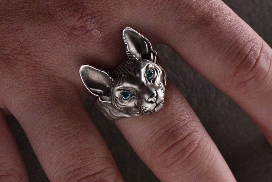 Sphynx Cat Silver Ring – Avant Garde Sterling Silver Cat Jewelry with Blue Eyes | Bold Modern Design Gift for Cat Lovers __etsy:7361900522