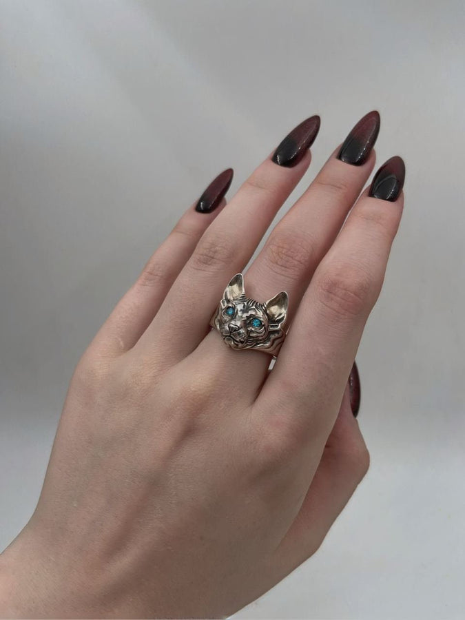 Sphynx Cat Silver Ring – Avant Garde Sterling Silver Cat Jewelry with Blue Eyes | Bold Modern Design Gift for Cat Lovers __etsy:7361900522