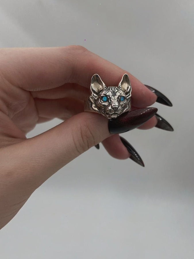 Sphynx Cat Silver Ring – Avant Garde Sterling Silver Cat Jewelry with Blue Eyes | Bold Modern Design Gift for Cat Lovers __etsy:7361900522
