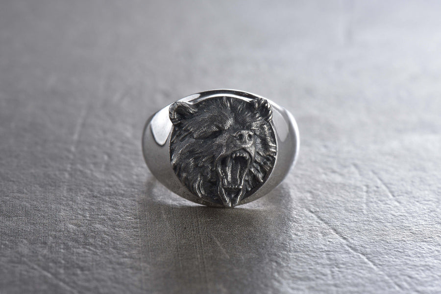 Signet ring	men's jewelry	silver signet ring	animal silver ring	signet silver ring	men ring	men jewelry	jewelry for men	Bear silver ring	bear art	grizzly bear ring	bear jewelry	Angry bear jewelry